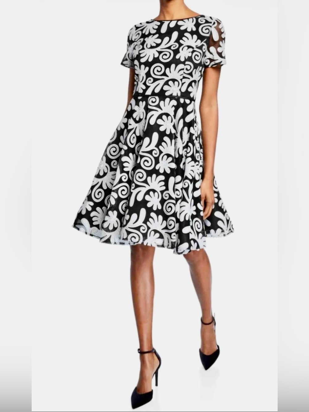 Shani Black & White Floral Fit-and-Flare Cocktail Dress #S-2008